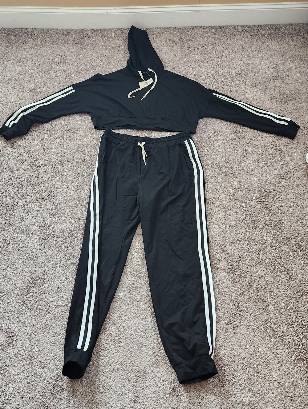 Fashion Nova Black Two-Piece Hoodie & Track Pant Set with White Stripes